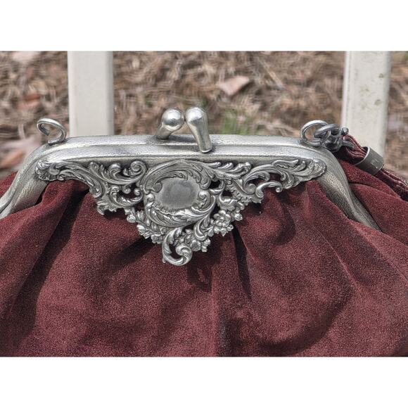 Teufel Design Vintage German Burgundy Suede and Pewter Purse  Teufel Design Vintage German Burgundy Suede and Pewter Purse/Handbag/Evening Bag